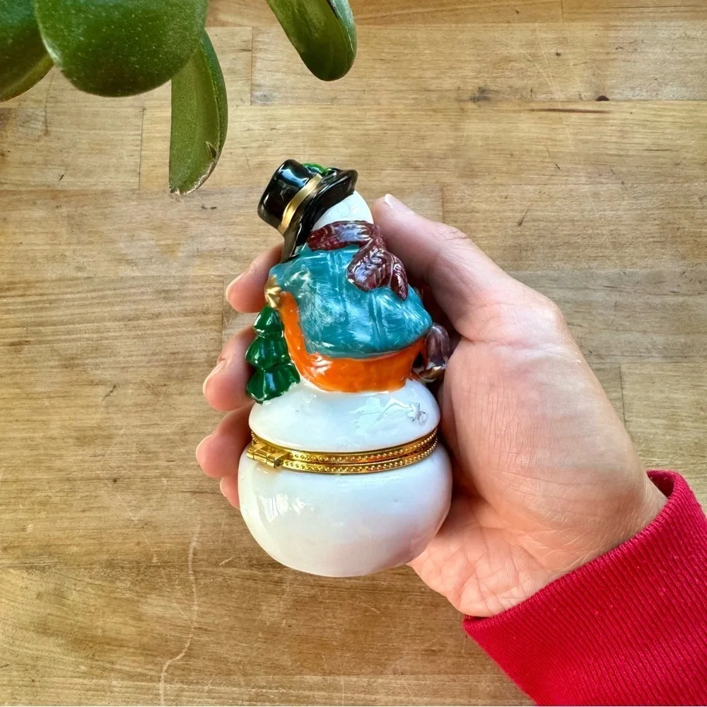 Vintage Cermaic Glazed Snowman Jewelry Trinket Box